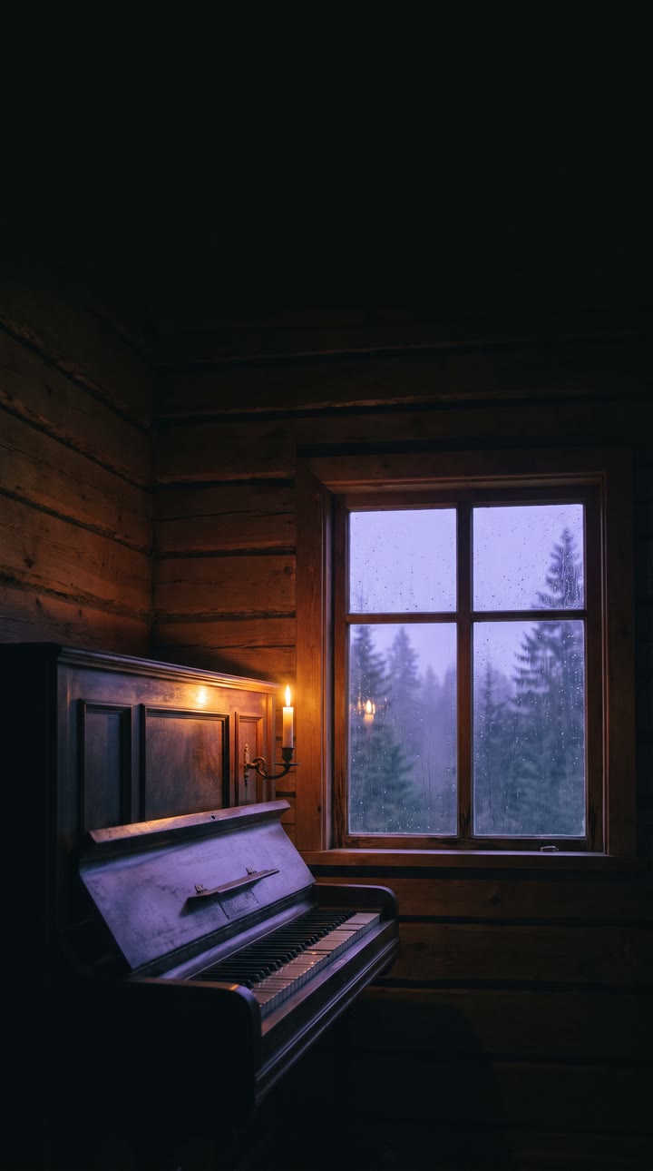 A vertical 9:16 lyric video frame: a cabin at night