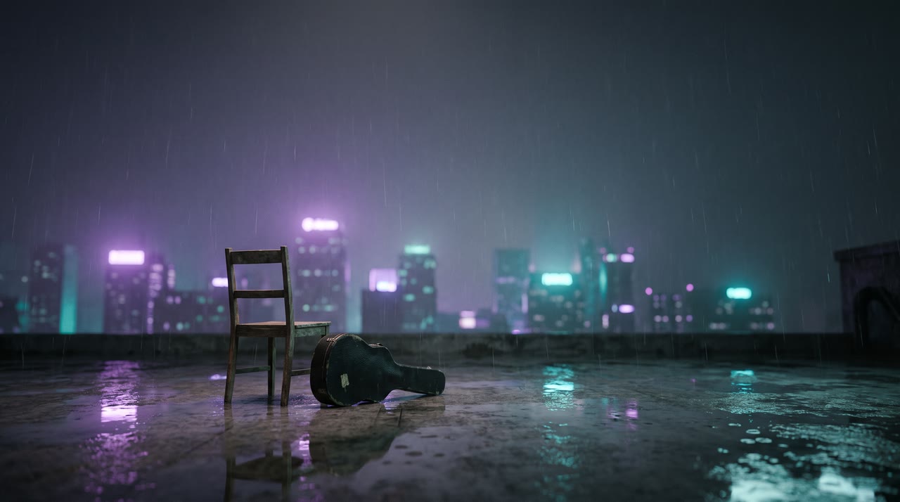 A lyric video frame: a city at night with the line We were shining in the dark